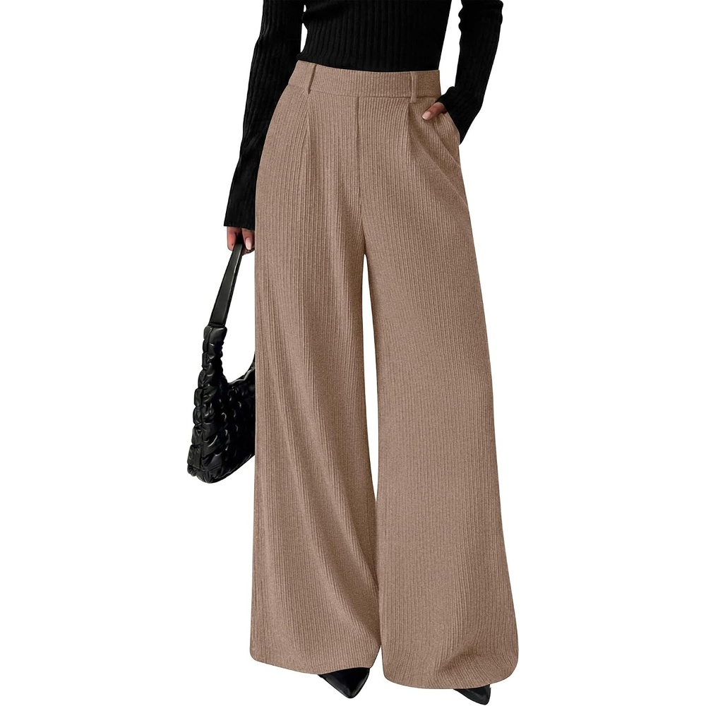 image:imageBTFBM Wide Leg Pants Woman Ribbed Business Casual TrousersKhaki