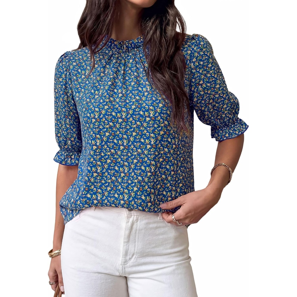 image:imageBTFBM Women Blouses High Neck Boho Floral TopsFloral Blue