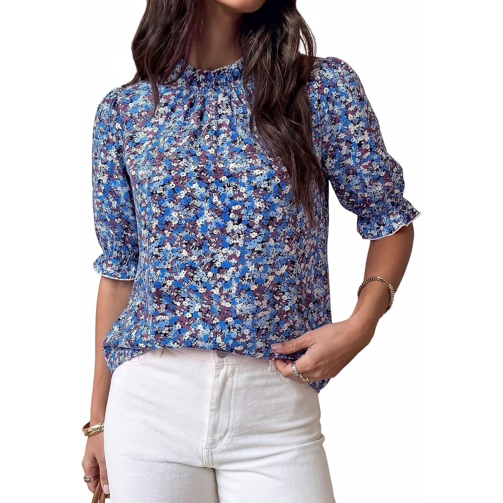 image:imageBTFBM Women Blouses High Neck Boho Floral TopsFloral Blue White