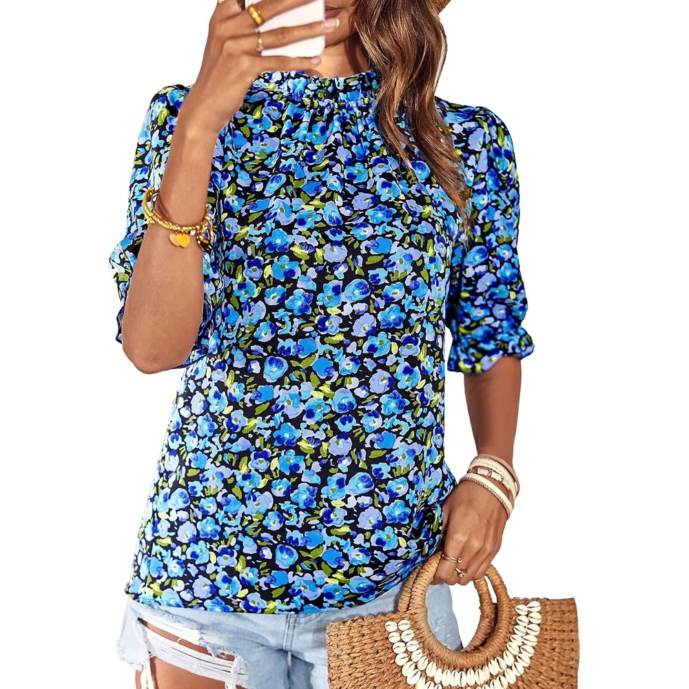 image:imageBTFBM Women Blouses High Neck Boho Floral TopsFloral Bright Blue
