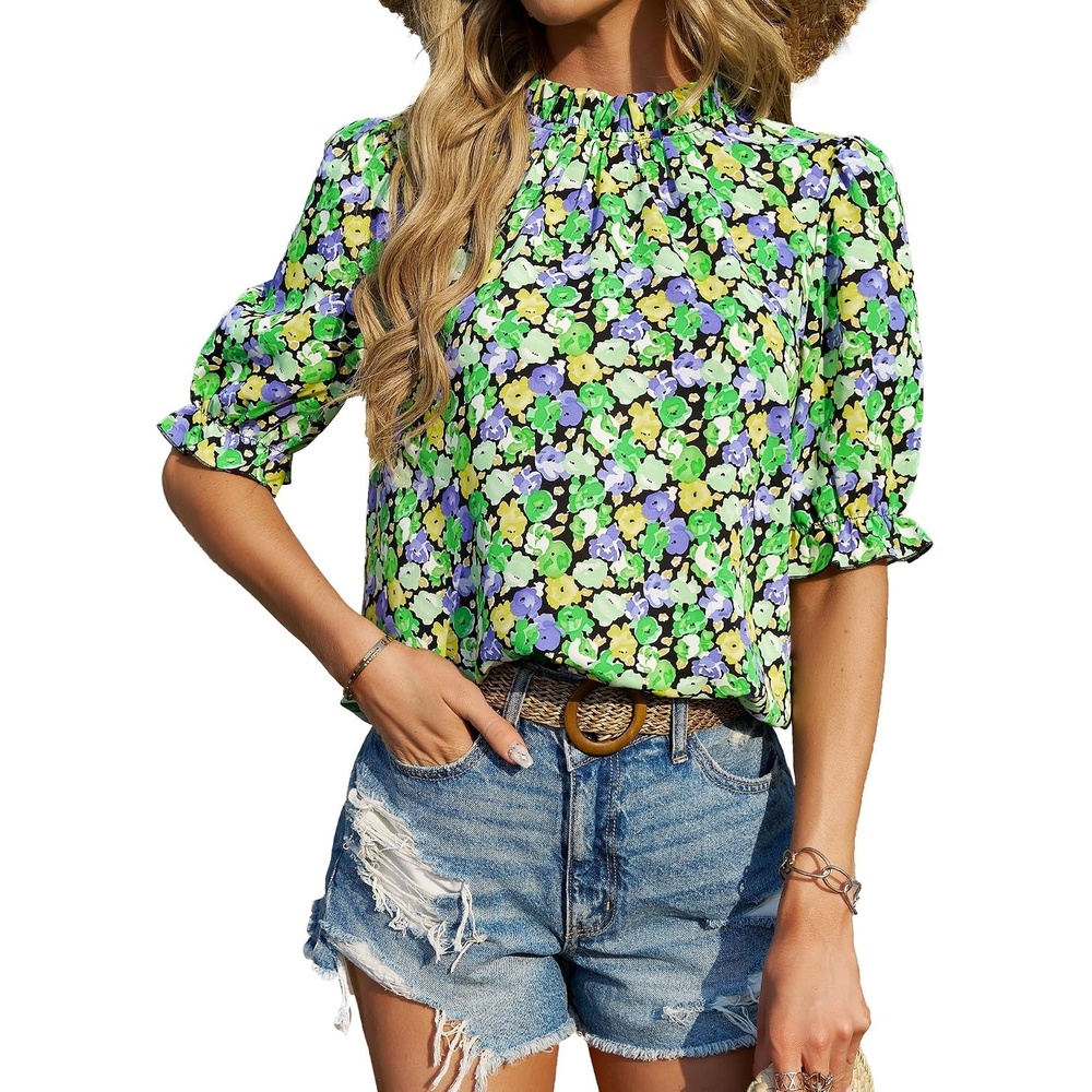 image:imageBTFBM Women Blouses High Neck Boho Floral TopsFloral Green Black