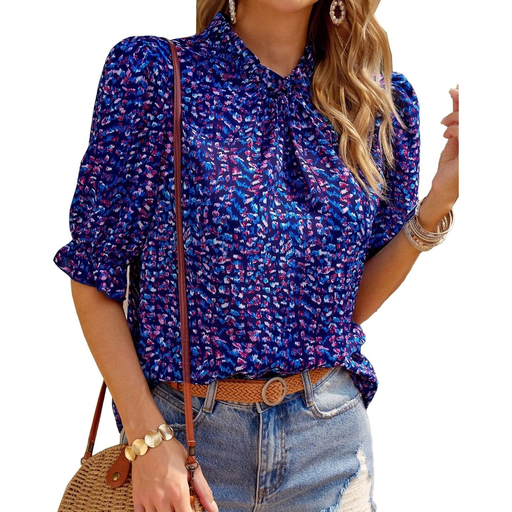 image:imageBTFBM Women Blouses High Neck Boho Floral TopsFloral Purple Blue