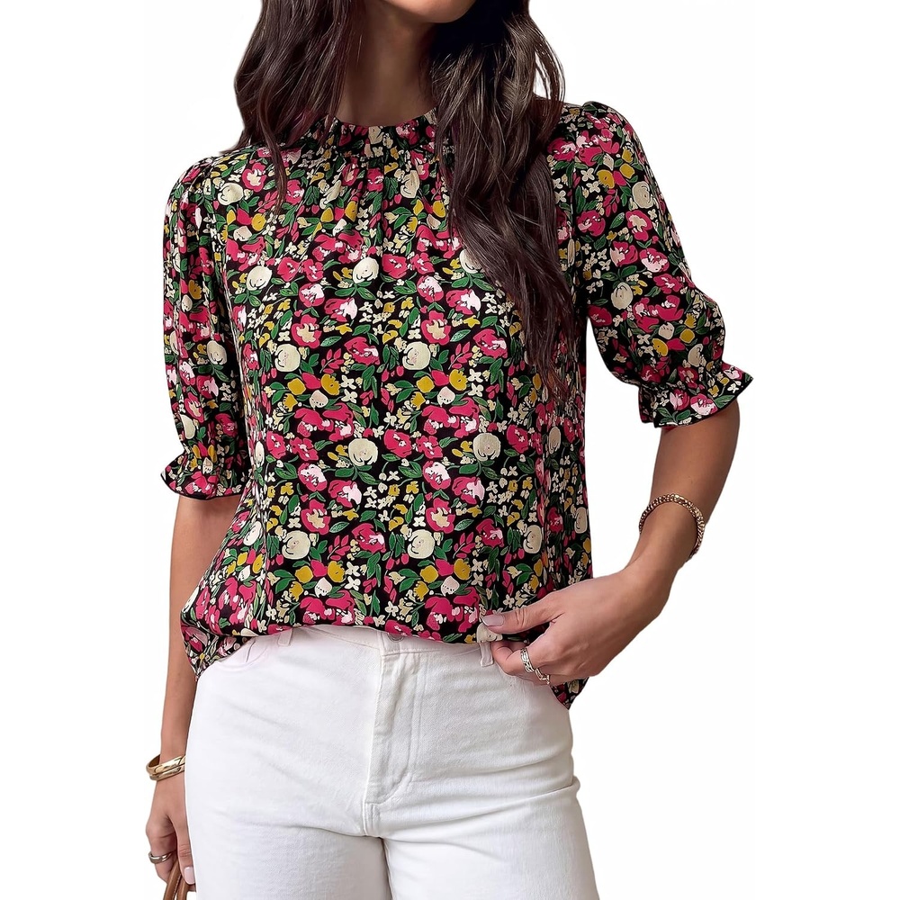 image:imageBTFBM Women Blouses High Neck Boho Floral TopsFloral Red Black