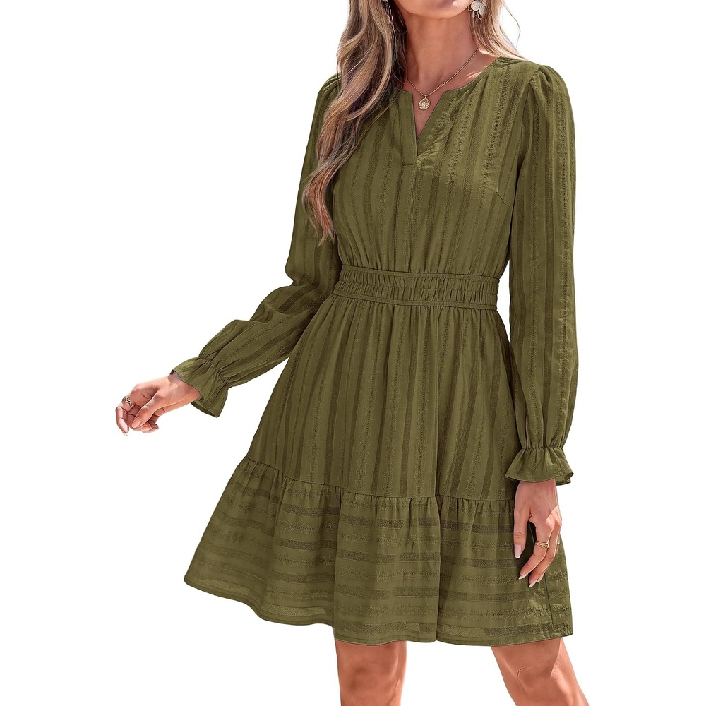 image:imageBTFBM Women Long Sleeve Flowy A Line Mini Fall DressArmy Green