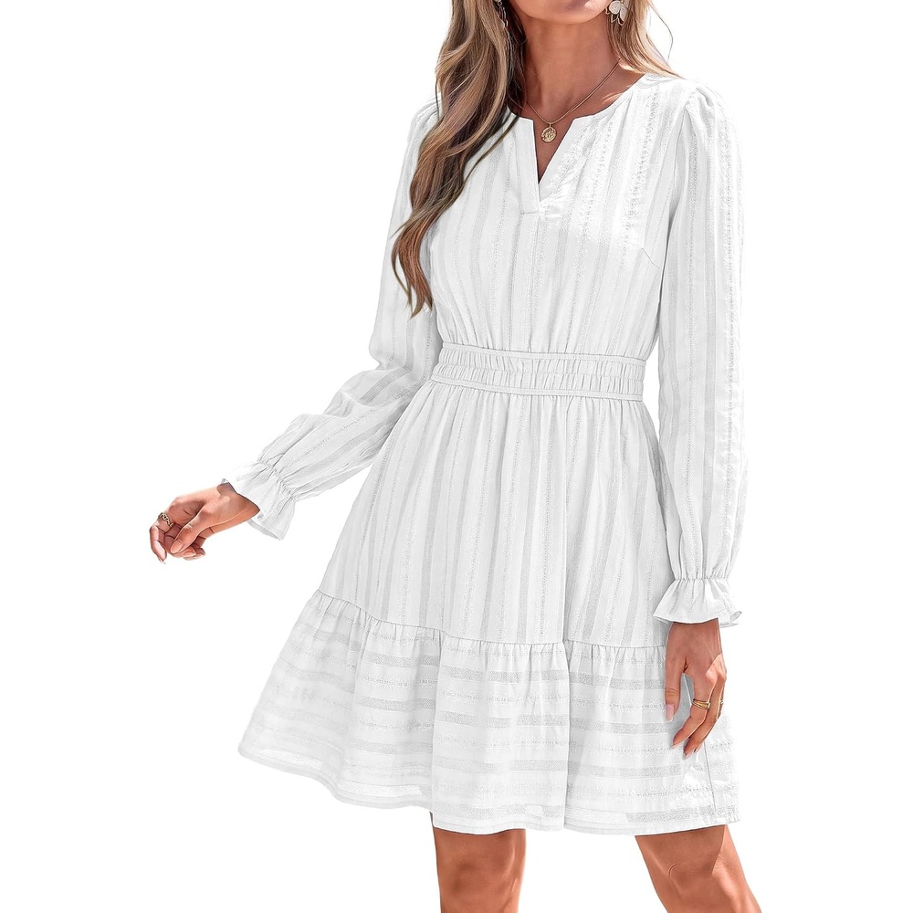 image:imageBTFBM Women Long Sleeve Flowy A Line Mini Fall DressWhite