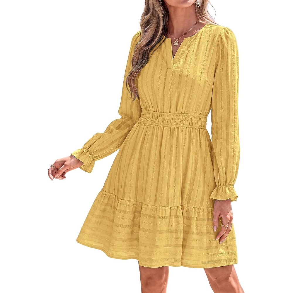 image:imageBTFBM Women Long Sleeve Flowy A Line Mini Fall DressYellow