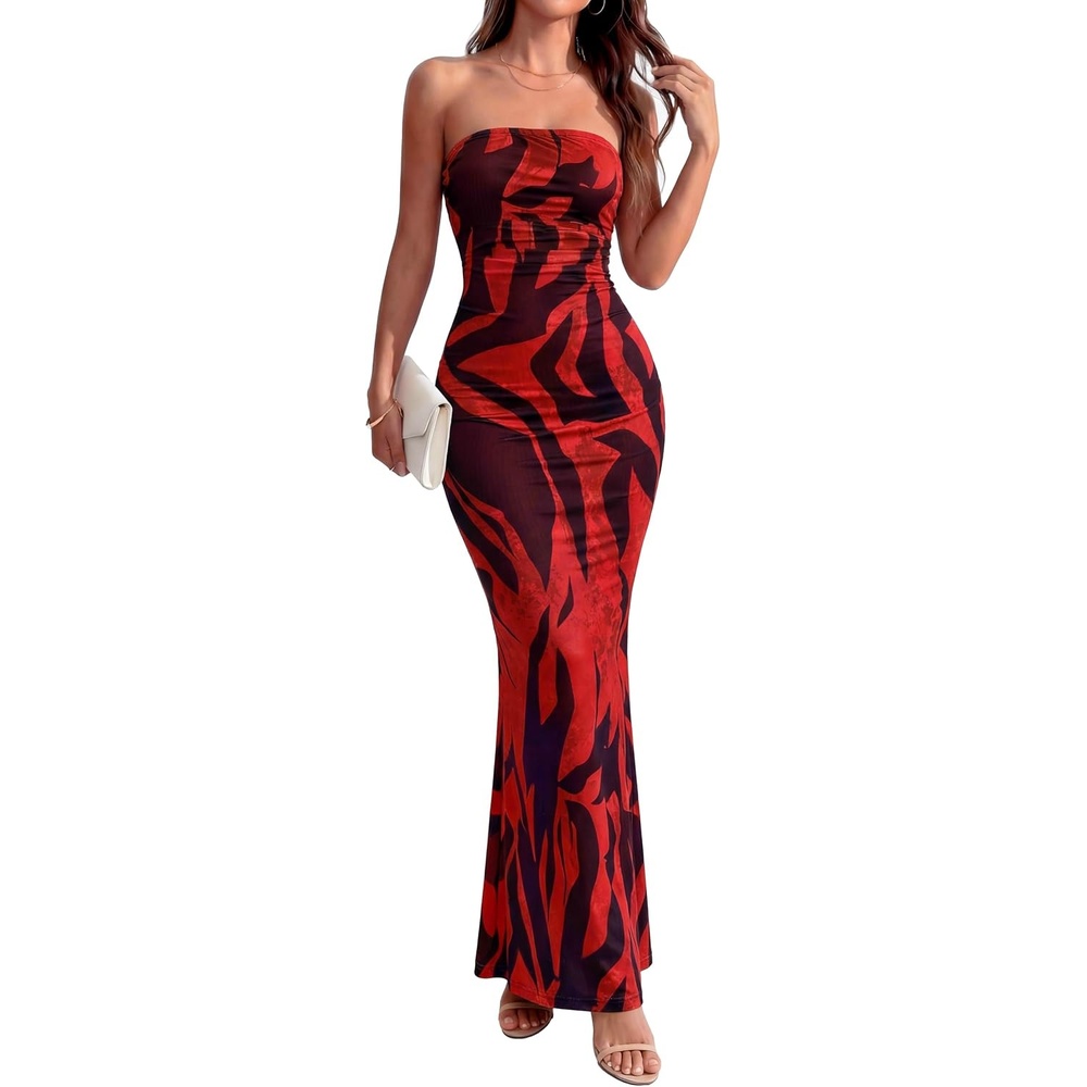 image:imageBTFBM Women Summer Strapless Maxi Dress 2026 Bodycon Floral Long Wedding Guest Dress Formal Tube Mesh Cocktail DressesFloral Red