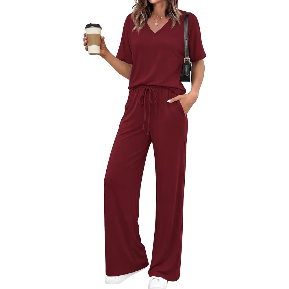image:imageBTFBM Womens 2 Piece Outfits Casual Short Sleeve Lounge Set Summer Fashion 2026 Tracksuits Matching Sets Travel ClothesBurgundy