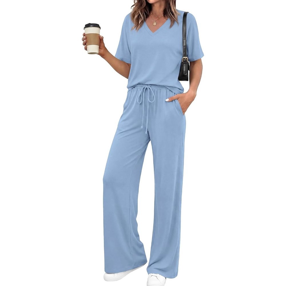 image:imageBTFBM Womens 2 Piece Outfits Casual Short Sleeve Lounge Set Summer Fashion 2026 Tracksuits Matching Sets Travel ClothesLight Blue