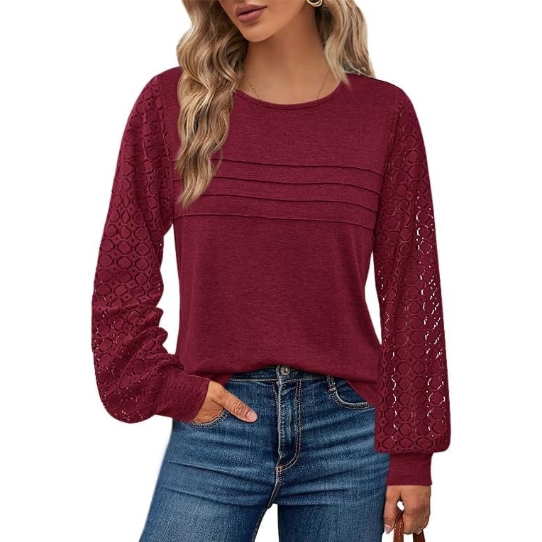 image:imageBTFBM Womens Long Sleeve Shirts Dressy Lace TopsBurgundy