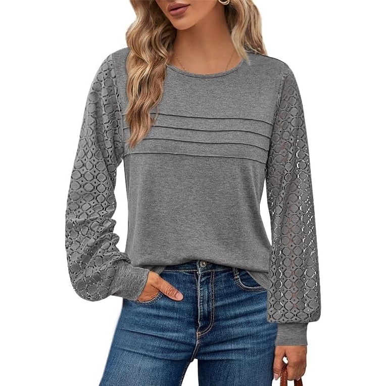 image:imageBTFBM Womens Long Sleeve Shirts Dressy Lace TopsGrey