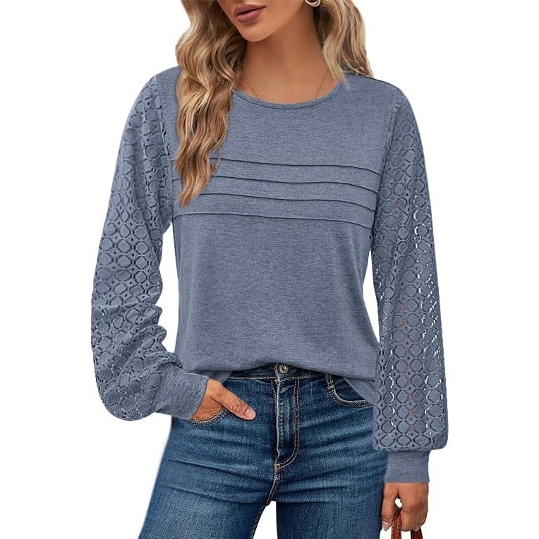 image:imageBTFBM Womens Long Sleeve Shirts Dressy Lace TopsGrey Blue