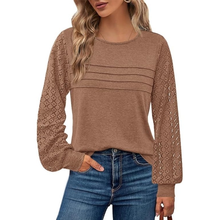 image:imageBTFBM Womens Long Sleeve Shirts Dressy Lace TopsLight Brown