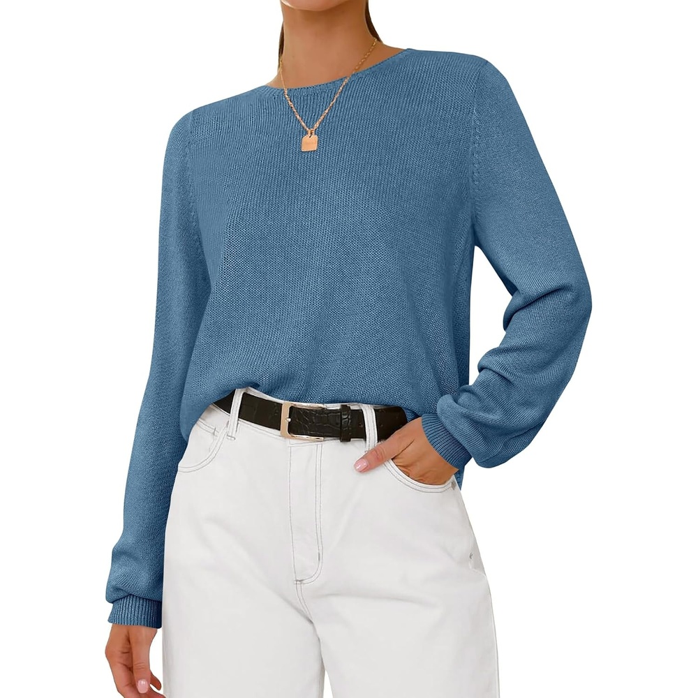 image:imageBTFBM Womens Long Sleeve Sweaters Crew Neck Basic TopsGrey Blue