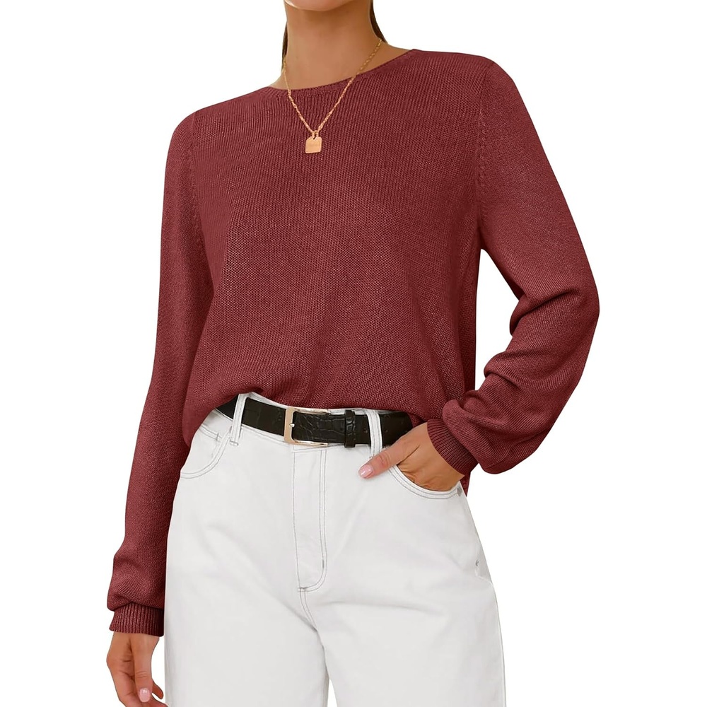 image:imageBTFBM Womens Long Sleeve Sweaters Crew Neck Basic TopsMaroon