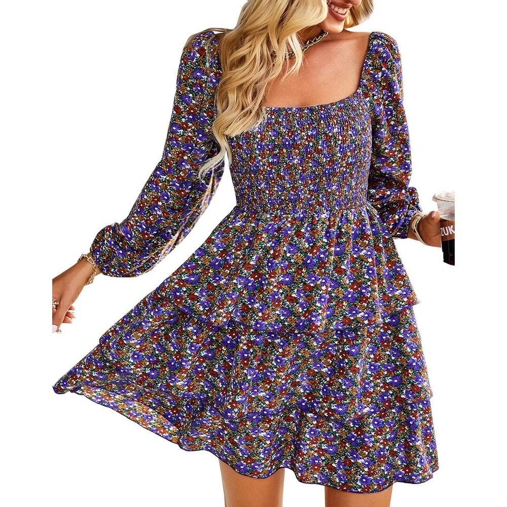 image:imageBTFBM Womens Mini Smocked Wedding Guest DressFloral Purple Red