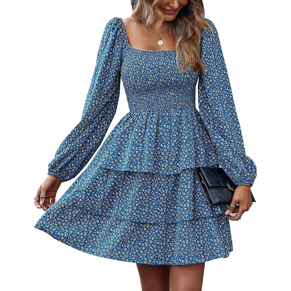 image:imageBTFBM Womens Mini Smocked Wedding Guest DressFloral Royal Blue