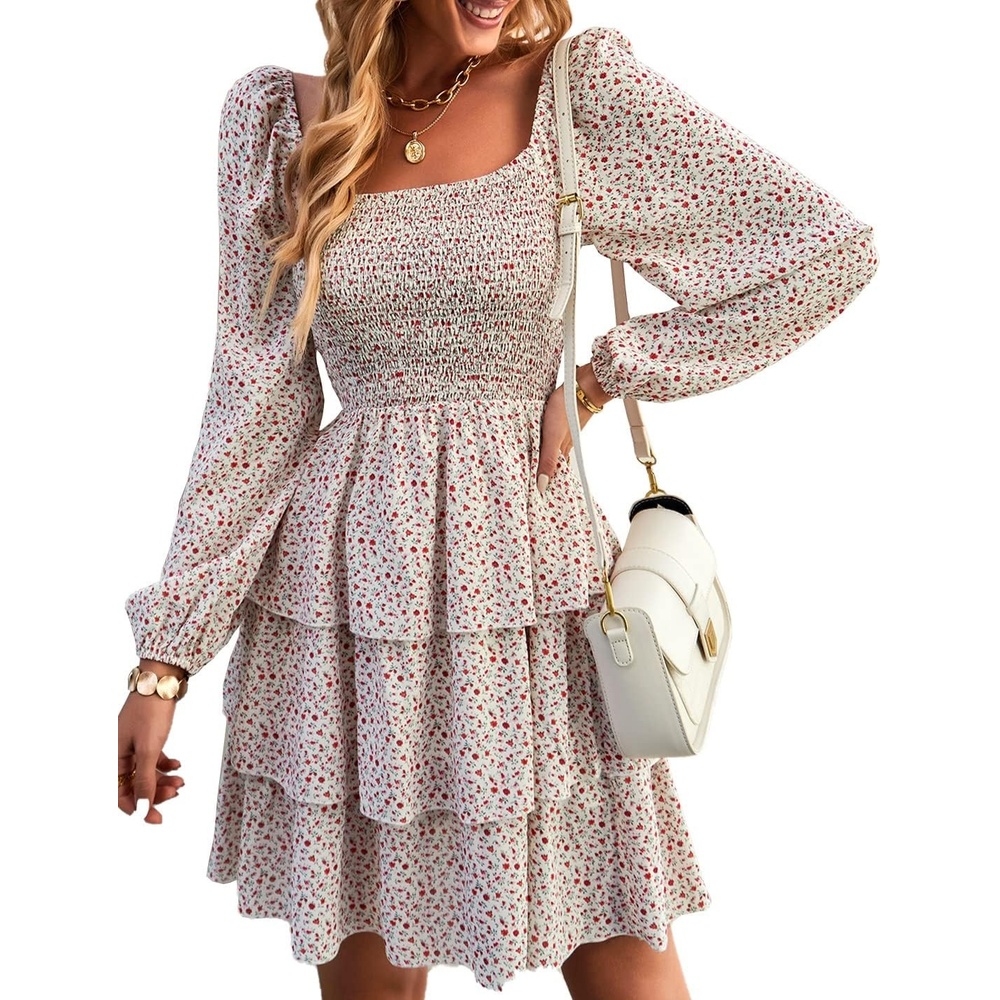 image:imageBTFBM Womens Mini Smocked Wedding Guest DressFloral White Red