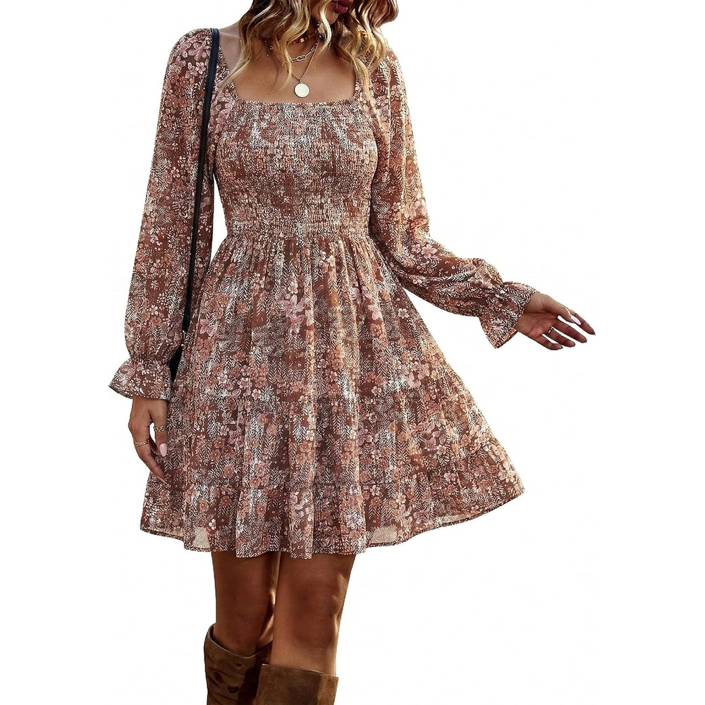 image:imageBTFBM Womens Mini Smocked Wedding Guest DressPrint Flower Brown