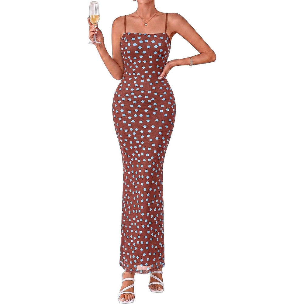image:imageBTFBM Womens Summer Maxi Dress 2026 Floral Mesh Spaghetti Straps Sleeveless Sexy Bodycon Wedding Cocktail Party DressesDot Coffee Blue