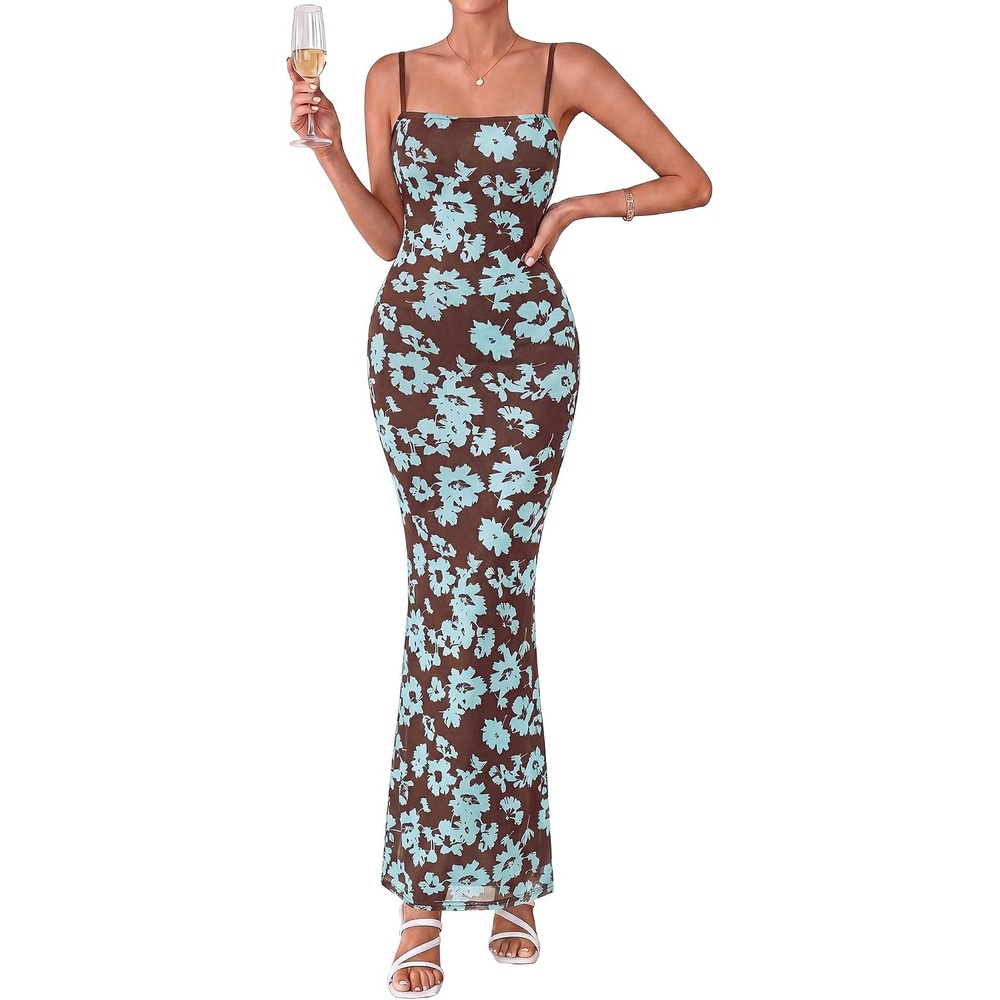 image:imageBTFBM Womens Summer Maxi Dress 2026 Floral Mesh Spaghetti Straps Sleeveless Sexy Bodycon Wedding Cocktail Party DressesFloral Blue