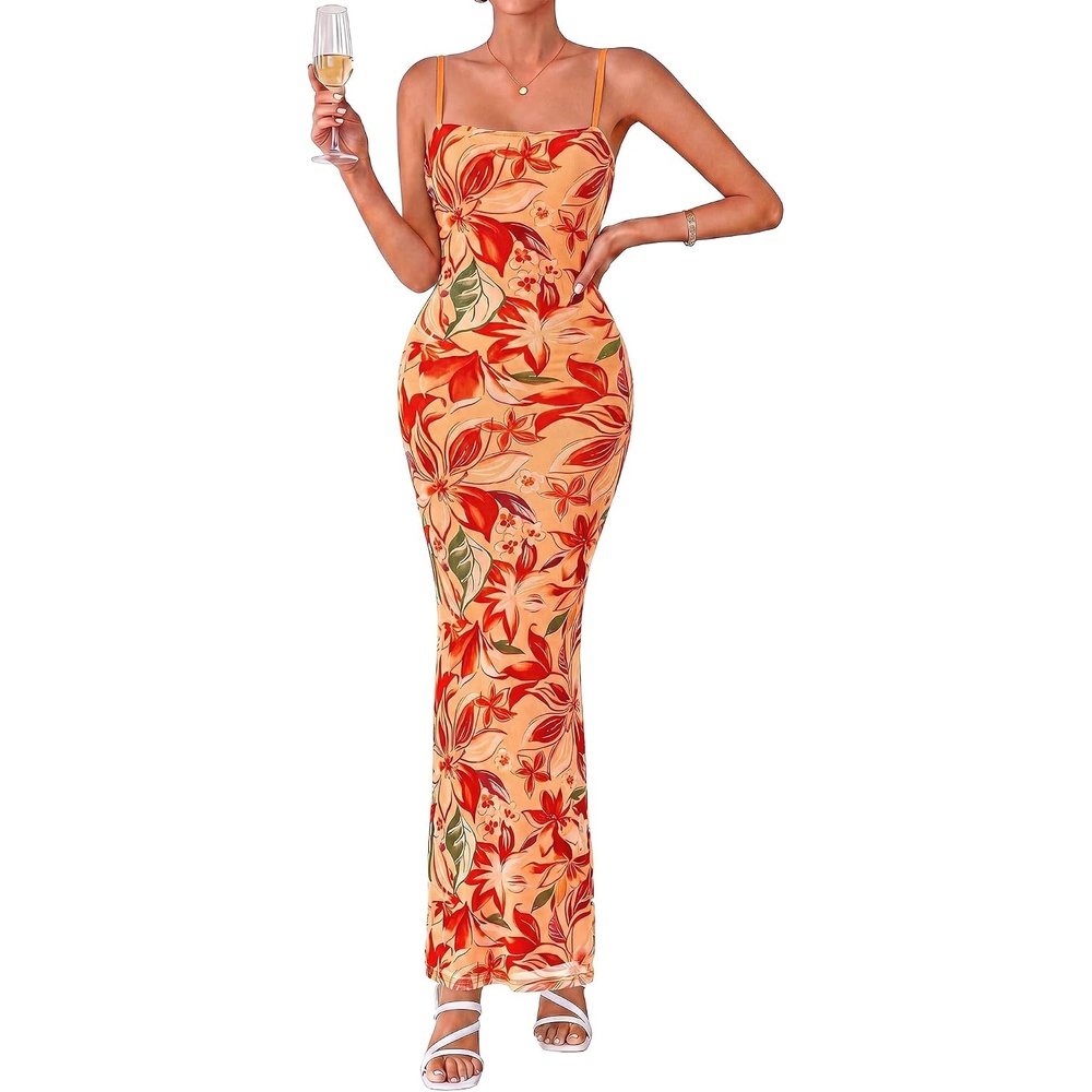 image:imageBTFBM Womens Summer Maxi Dress 2026 Floral Mesh Spaghetti Straps Sleeveless Sexy Bodycon Wedding Cocktail Party DressesFloral Yellow Red