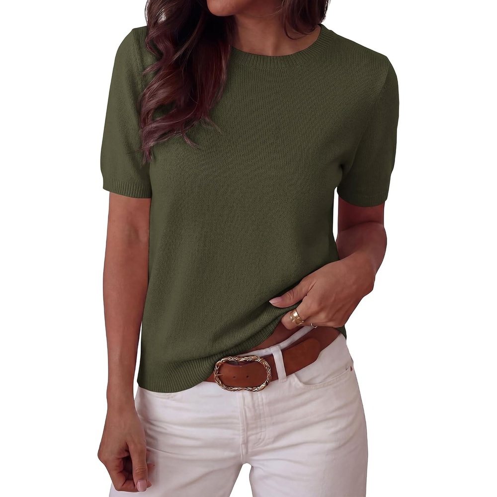 image:imageBTFBM Womens Summer Short Sleeve Tops Crew Neck SweatersArmy Green