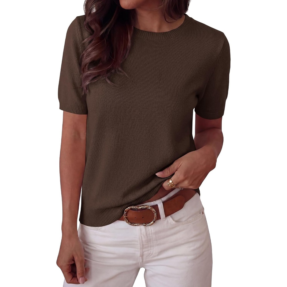 image:imageBTFBM Womens Summer Short Sleeve Tops Crew Neck SweatersBrown