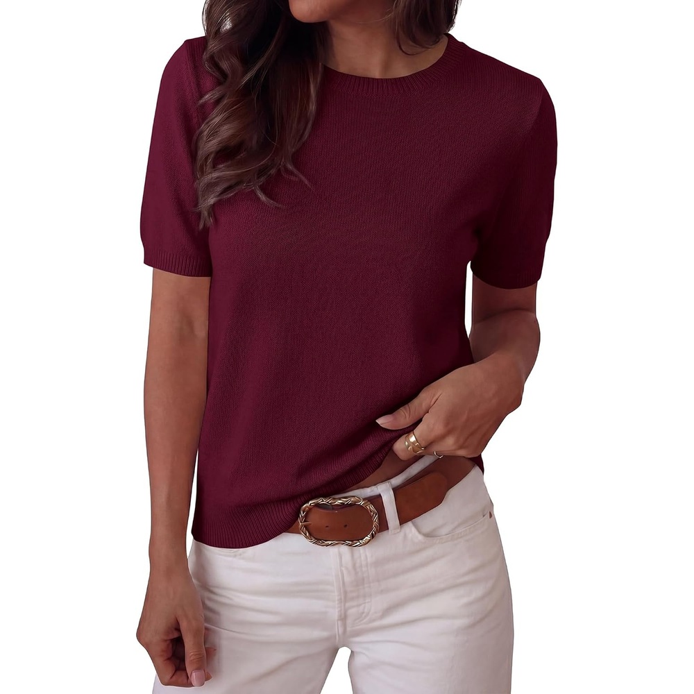 image:imageBTFBM Womens Summer Short Sleeve Tops Crew Neck SweatersBurgundy