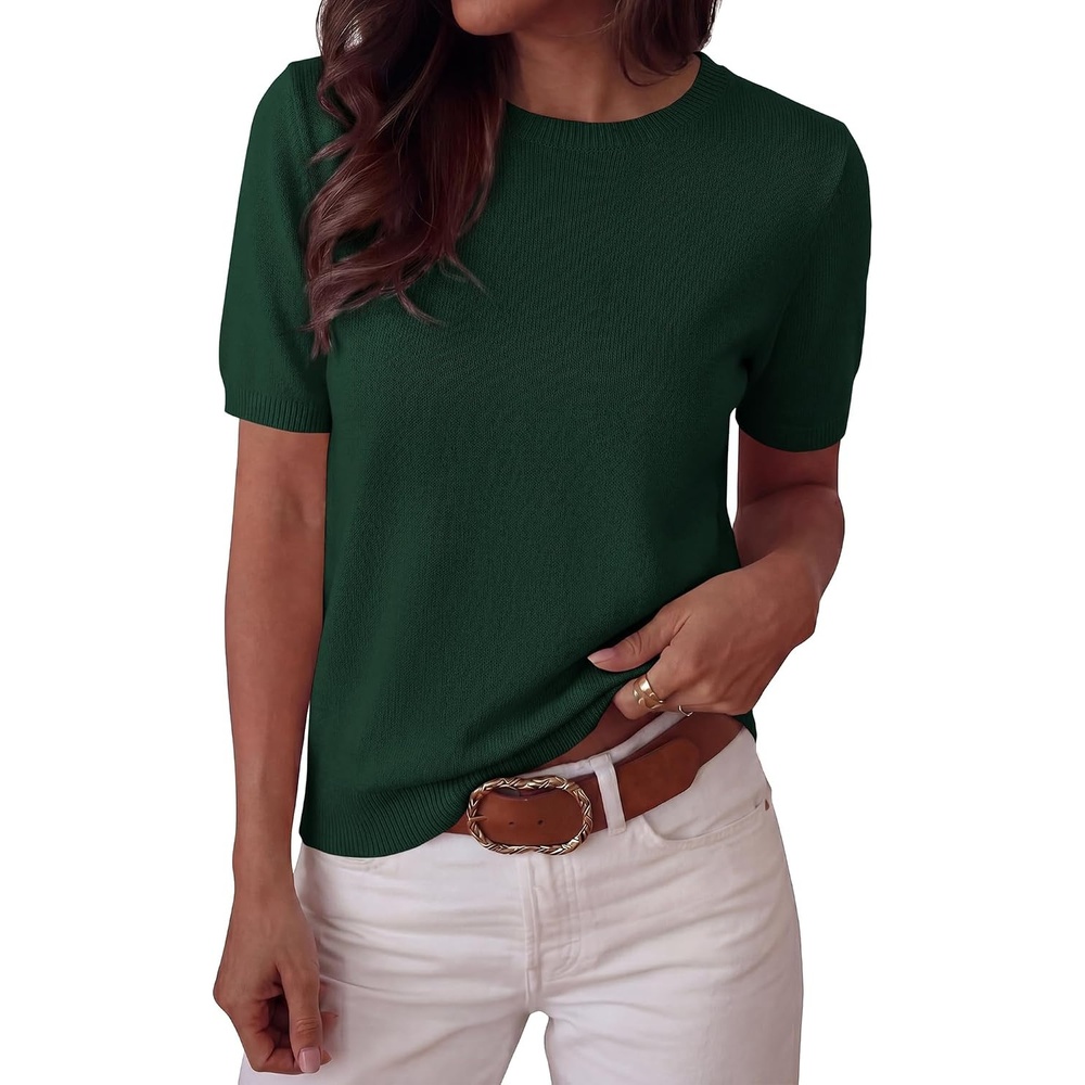 image:imageBTFBM Womens Summer Short Sleeve Tops Crew Neck SweatersDark Green