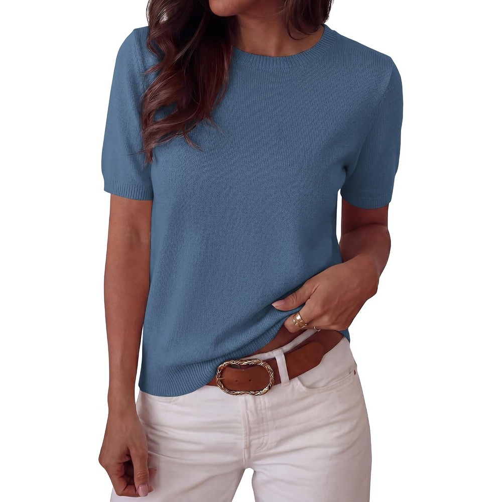 image:imageBTFBM Womens Summer Short Sleeve Tops Crew Neck SweatersGrey Blue