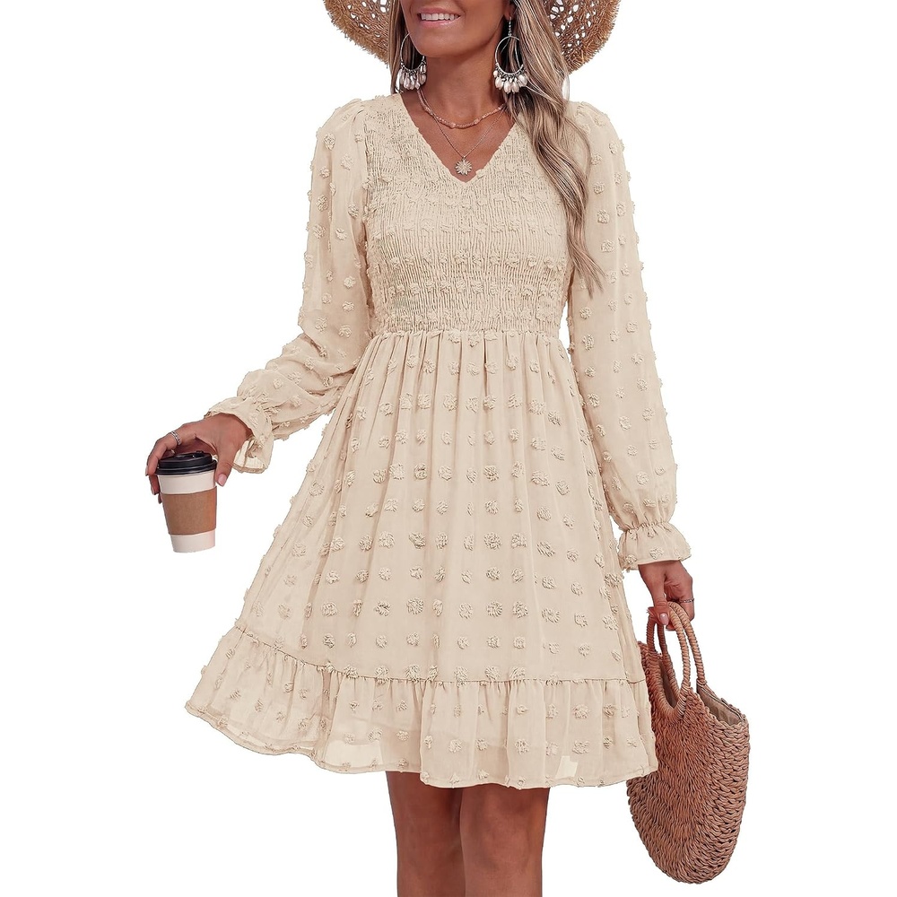 image:imageBTFBM Womens Swiss Dot Flowy Long Sleeve DressApricot