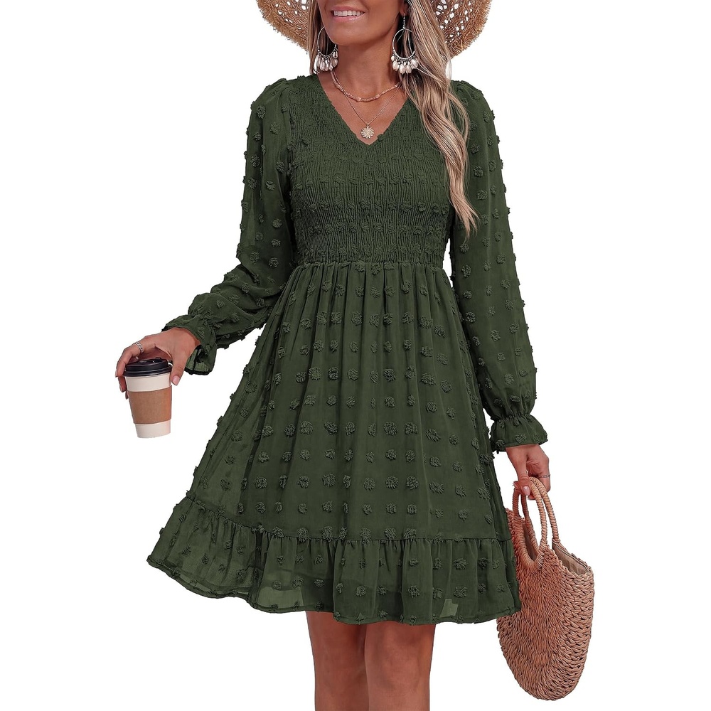 image:imageBTFBM Womens Swiss Dot Flowy Long Sleeve DressArmy Green