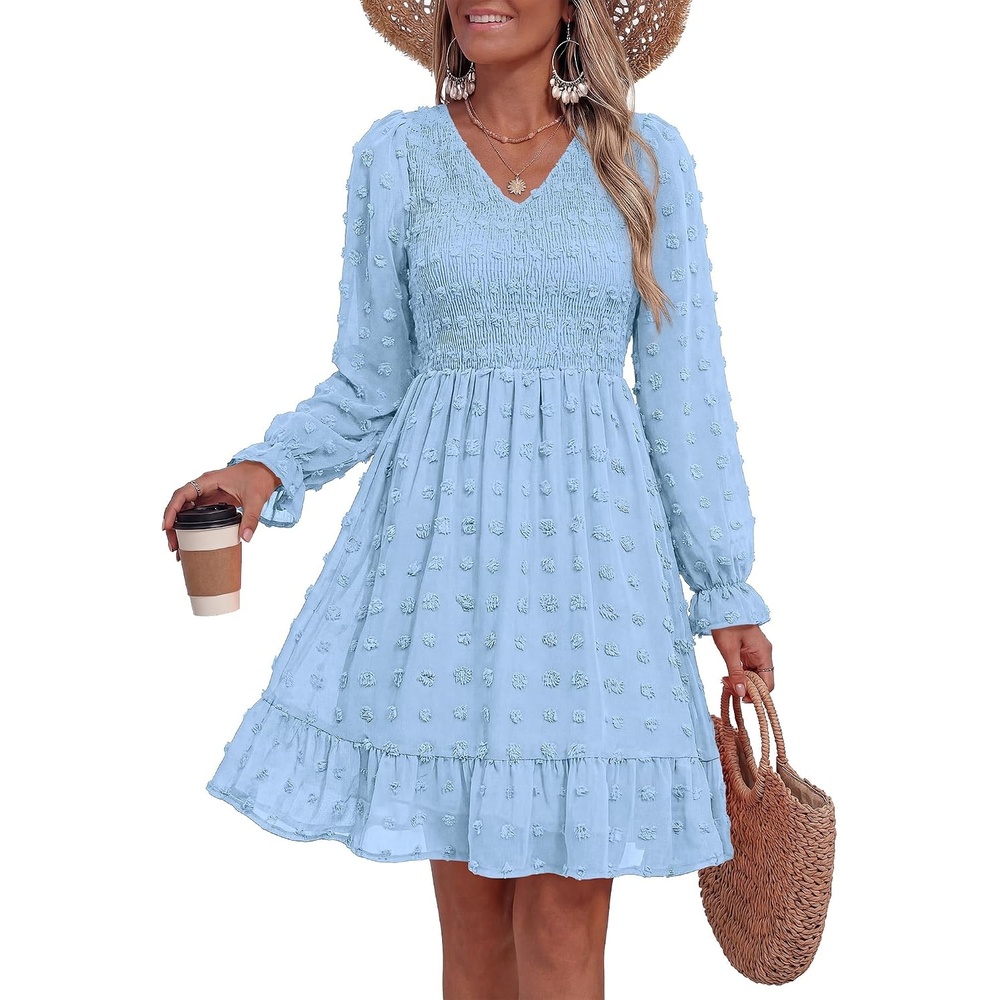image:imageBTFBM Womens Swiss Dot Flowy Long Sleeve DressBlue