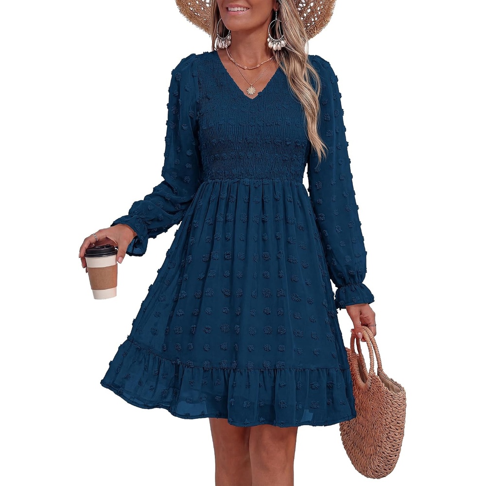 image:imageBTFBM Womens Swiss Dot Flowy Long Sleeve DressDark Blue