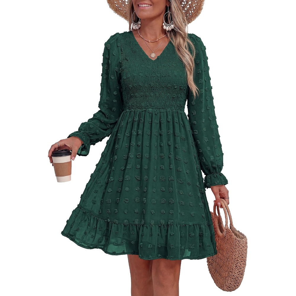 image:imageBTFBM Womens Swiss Dot Flowy Long Sleeve DressDark Green