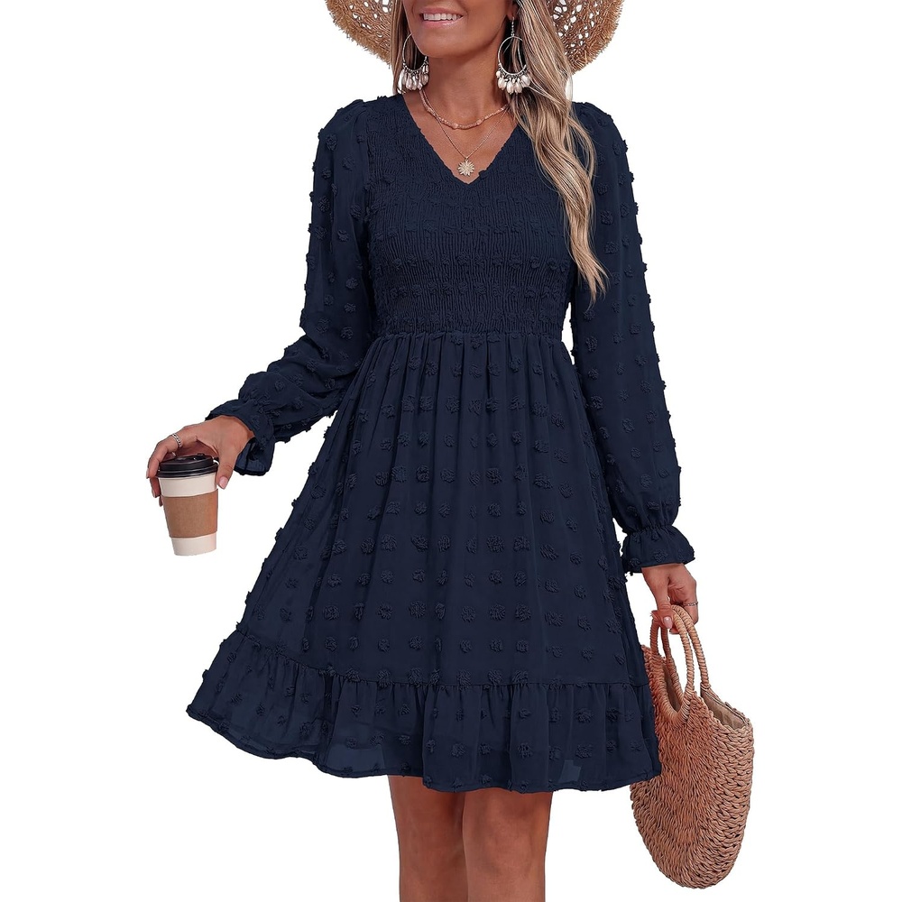 image:imageBTFBM Womens Swiss Dot Flowy Long Sleeve DressNavy