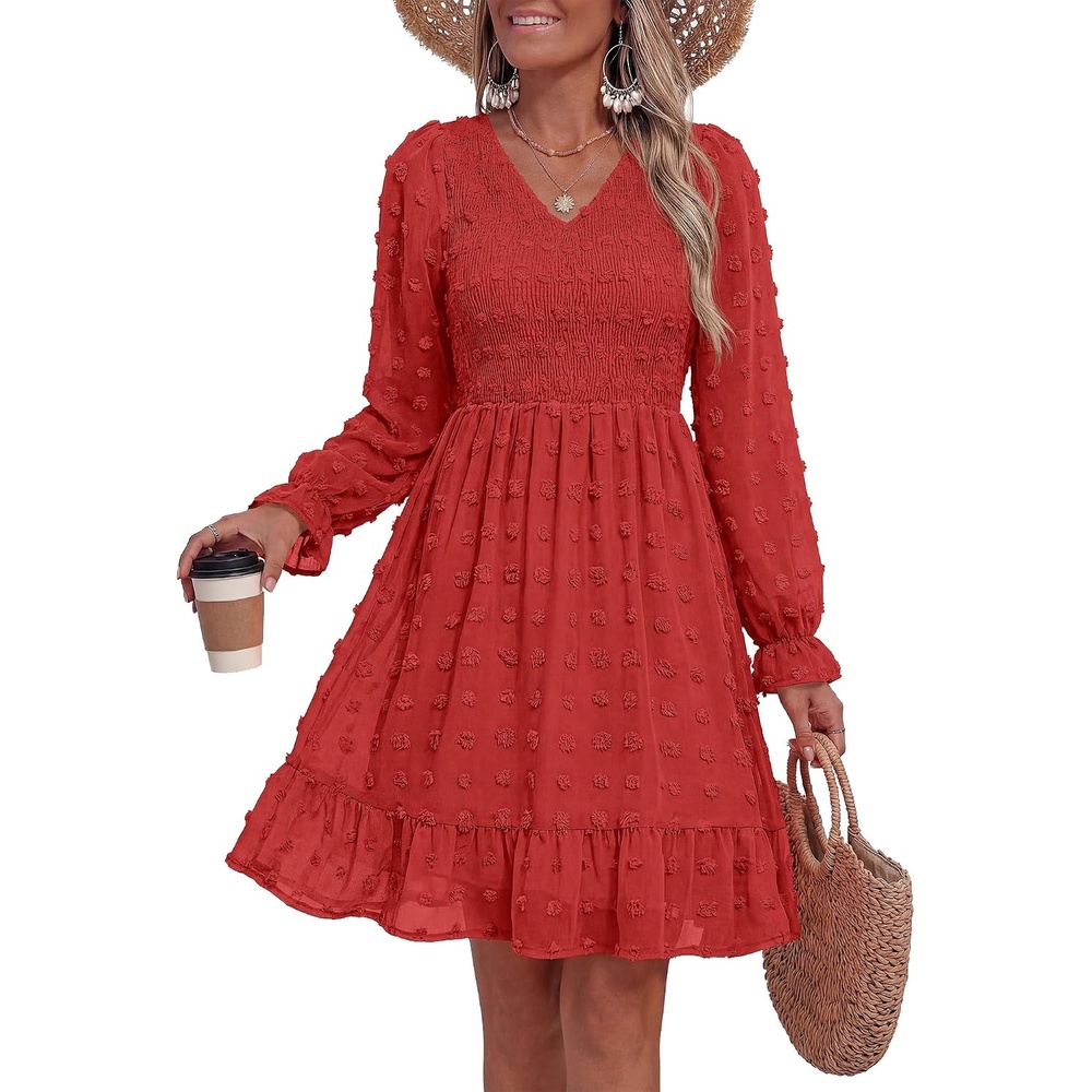 image:imageBTFBM Womens Swiss Dot Flowy Long Sleeve DressRed