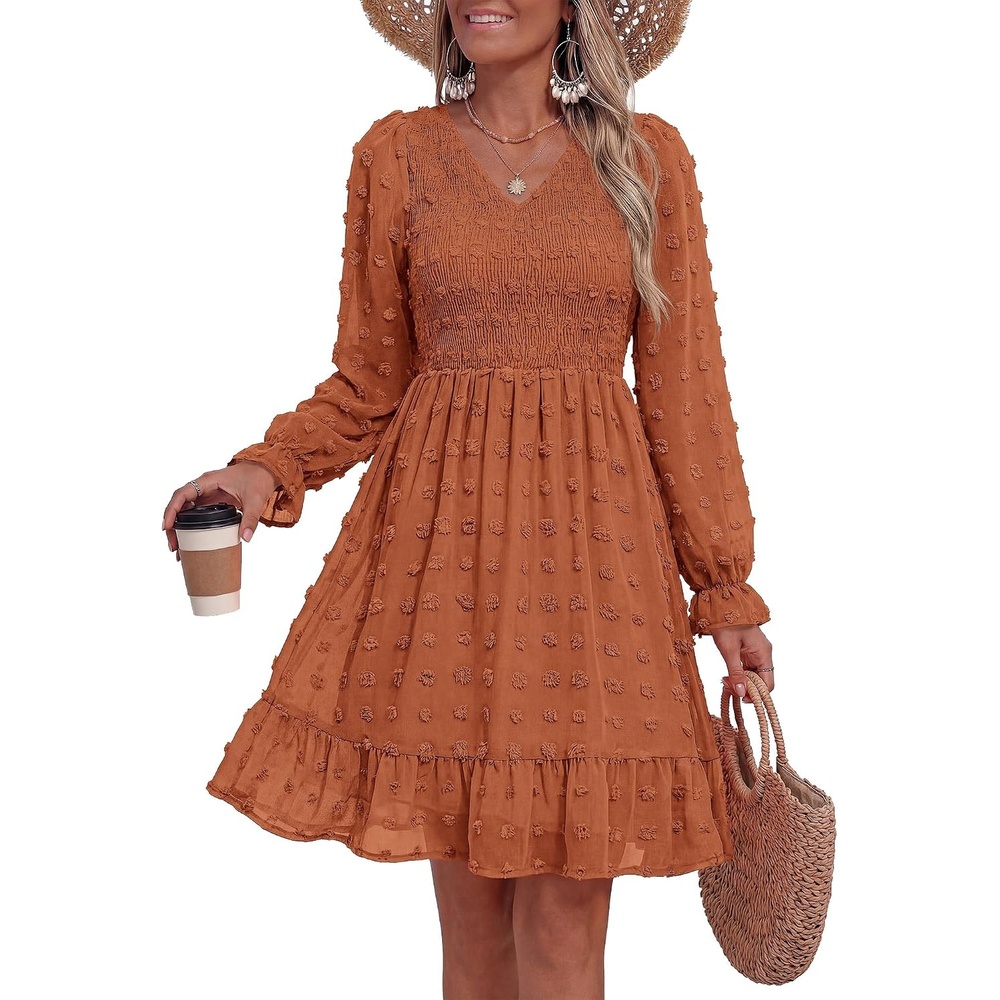 image:imageBTFBM Womens Swiss Dot Flowy Long Sleeve DressRed Brown
