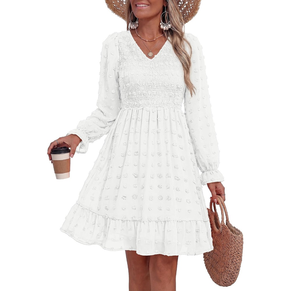 image:imageBTFBM Womens Swiss Dot Flowy Long Sleeve DressWhite