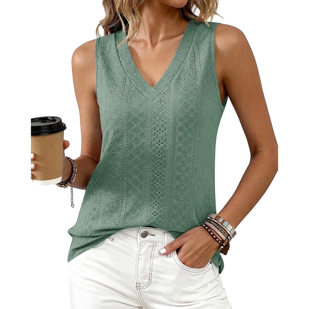 image:imageBTFBM Womens Tank Tops 2026 Summer Casual Loose Eyelet V Neck Sleeveless Shirts Basic Spring Top Beach Vacation ClothesSage Green