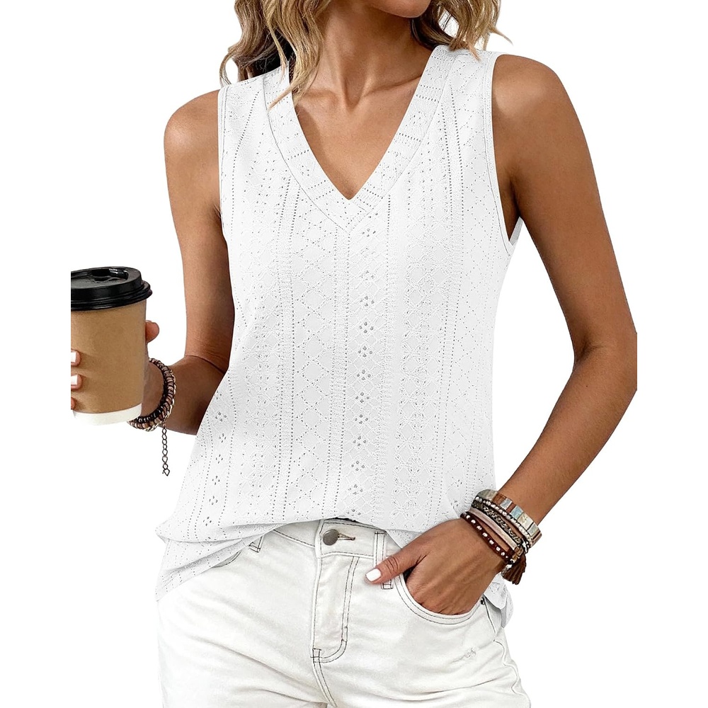 image:imageBTFBM Womens Tank Tops 2026 Summer Casual Loose Eyelet V Neck Sleeveless Shirts Basic Spring Top Beach Vacation ClothesWhite