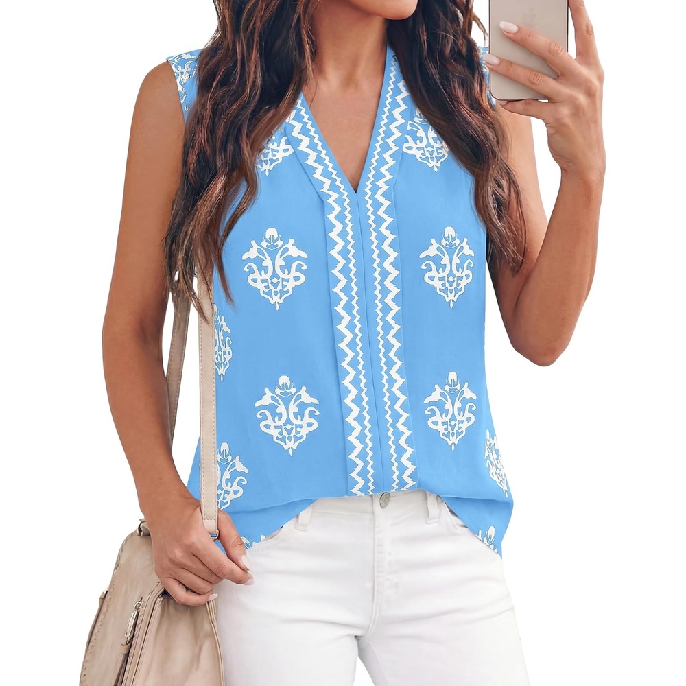 image:imageBTFBM Womens Tank Tops Floral Printed V Neck Sleeveless TopLight Blue
