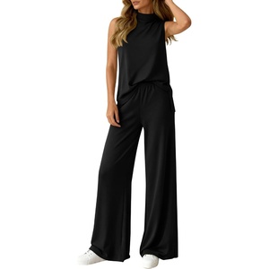 BTFBM 2 Piece Outfits For Women Airport Travel Summer 2026 Loose Mock Neck Sleeveless Wide Leg Pants Workout Lounge Sets(Black)