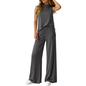 BTFBM 2 Piece Outfits For Women Airport Travel Summer 2026 Loose Mock Neck Sleeveless Wide Leg Pants Workout Lounge Sets(Dark Grey)