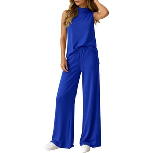BTFBM 2 Piece Outfits For Women Airport Travel Summer 2026 Loose Mock Neck Sleeveless Wide Leg Pants Workout Lounge Sets(Royal Blue)