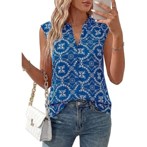 BTFBM Boho Tops for Women Summer Outfits Eyelet Embroidered Sleeveless Button Down Shirts Beach Vacation Clothes 2026(Blue)