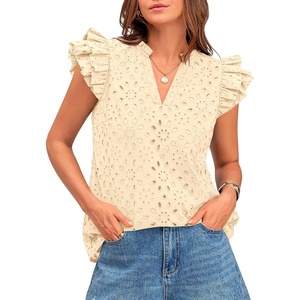 BTFBM Eyelet Tops for Women Dressy Casual Embroidered Shirt(Beige)