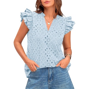 BTFBM Eyelet Tops for Women Dressy Casual Embroidered Shirt(Light Blue)