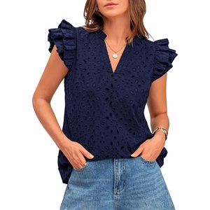 BTFBM Eyelet Tops for Women Dressy Casual Embroidered Shirt(Navy)